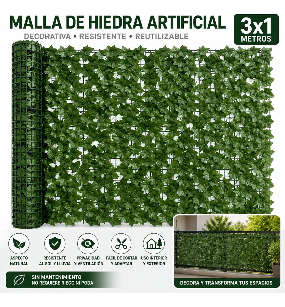 Malla Hiedra Artificial Verde 3x1m Cerco Decorativo Uv