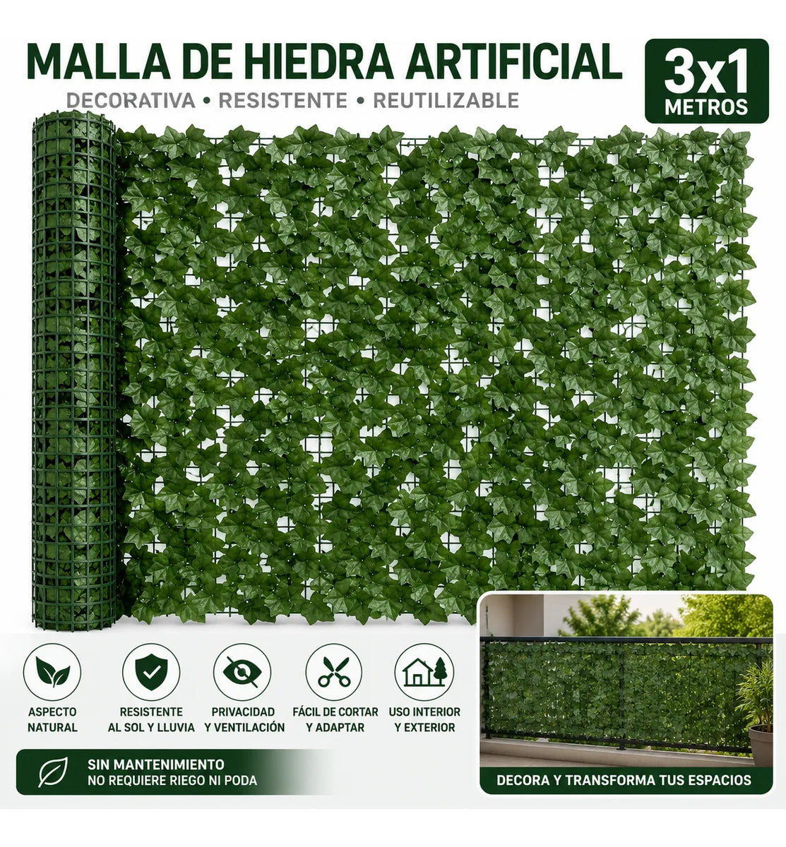 Malla Hiedra Artificial Verde 3x1m Cerco Decorativo Uv