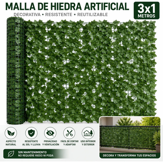 Malla Hiedra Artificial Verde 3x1m Cerco Decorativo Uv