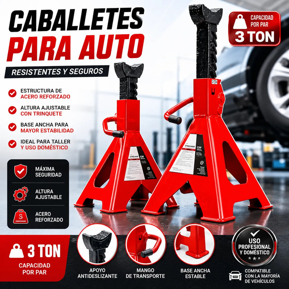 Set 2 Caballetes Auto 3 Toneladas Ajustables Acero Rojo