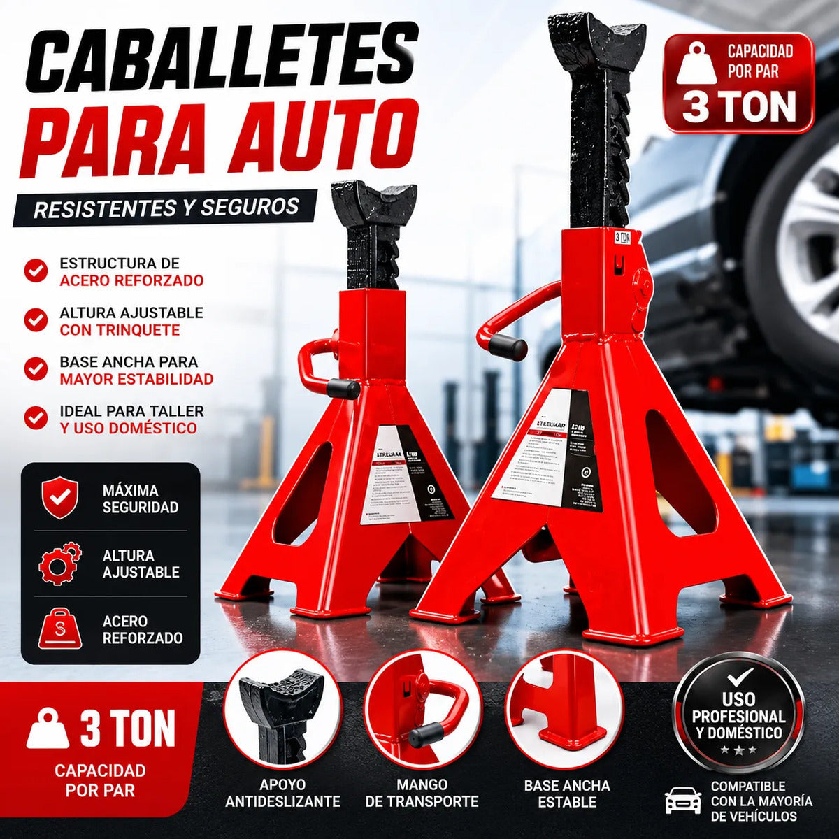 Set 2 Caballetes Auto 3 Toneladas Ajustables Acero Rojo