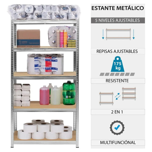 Estante Metálico 180x90x40 5 Niveles Mdf