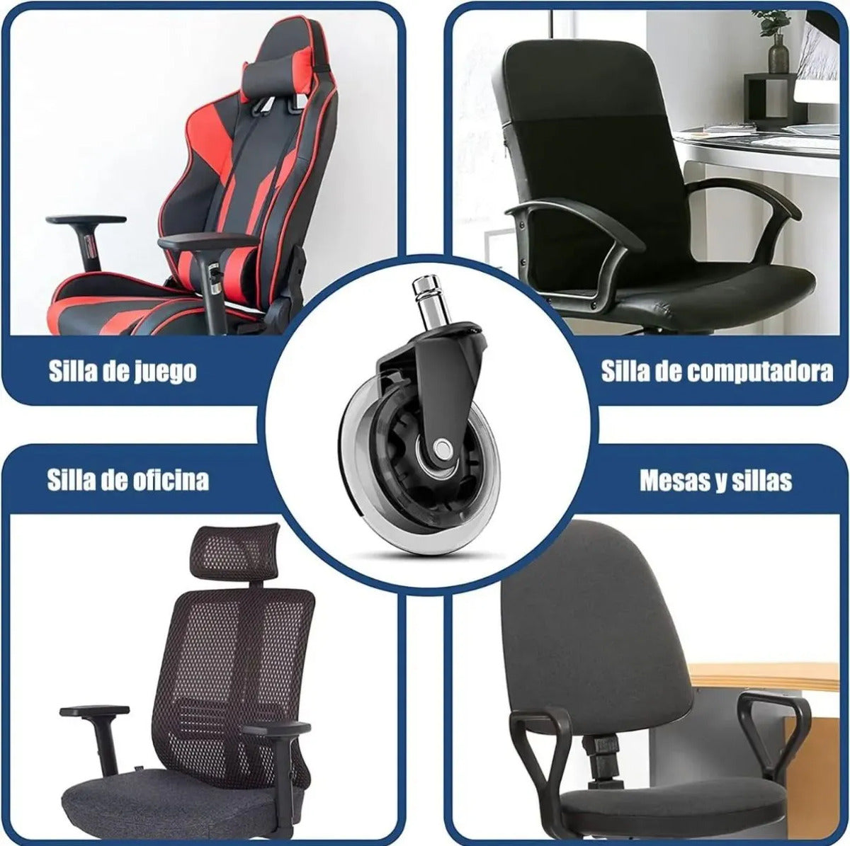 Pack 5 Ruedas Silicona Para Silla Oficina Gamer 11x22mm
