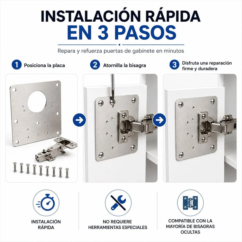 Kit 10 Placas Reparación Bisagras Acero + Tornillos