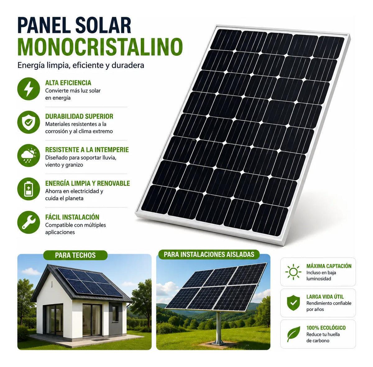 Panel Solar Monocristalino 50w 12v Fotovoltaico Casa