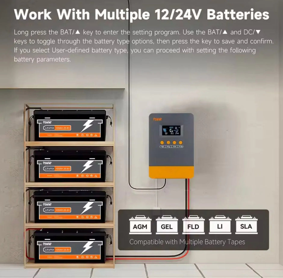Controlador Carga Solar Mppt 25a 12v 24v Powmr Lcd